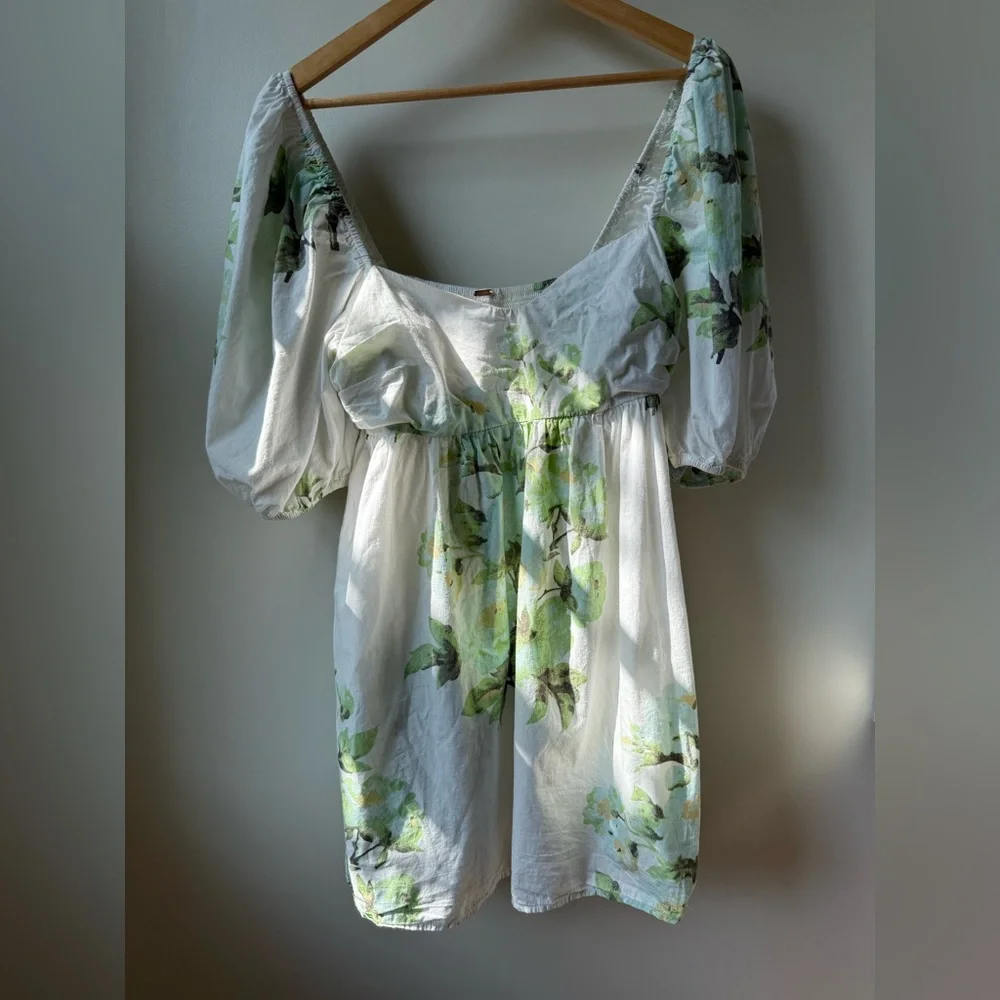 FREE PEOPLE Peony Puff Sleeve Babydoll Mini Dress Floral Milkmaid Coquette S‎